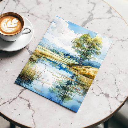 Still Waters, Open Skies, blue, green, beige nature wall art displayed in a styled interior, gallery view 3