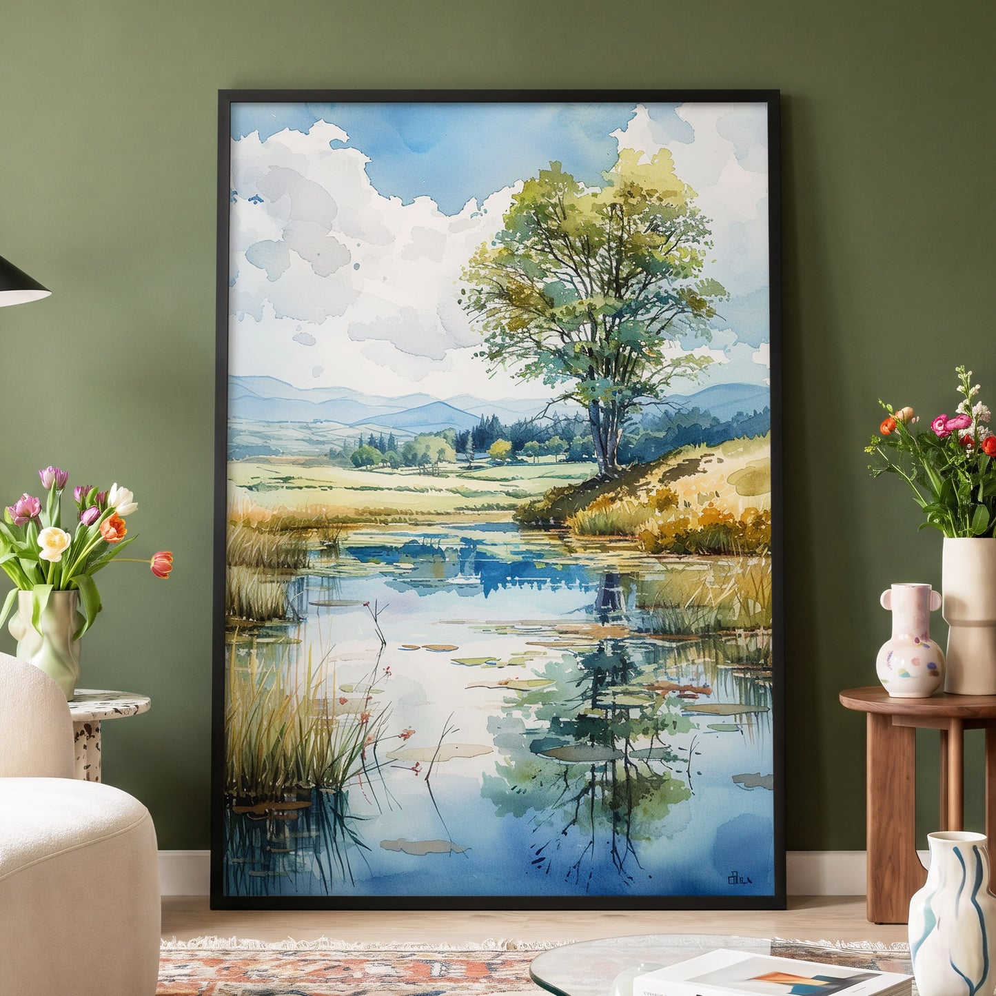 Still Waters, Open Skies, blue, green, beige nature wall art displayed in a styled interior, gallery view 4
