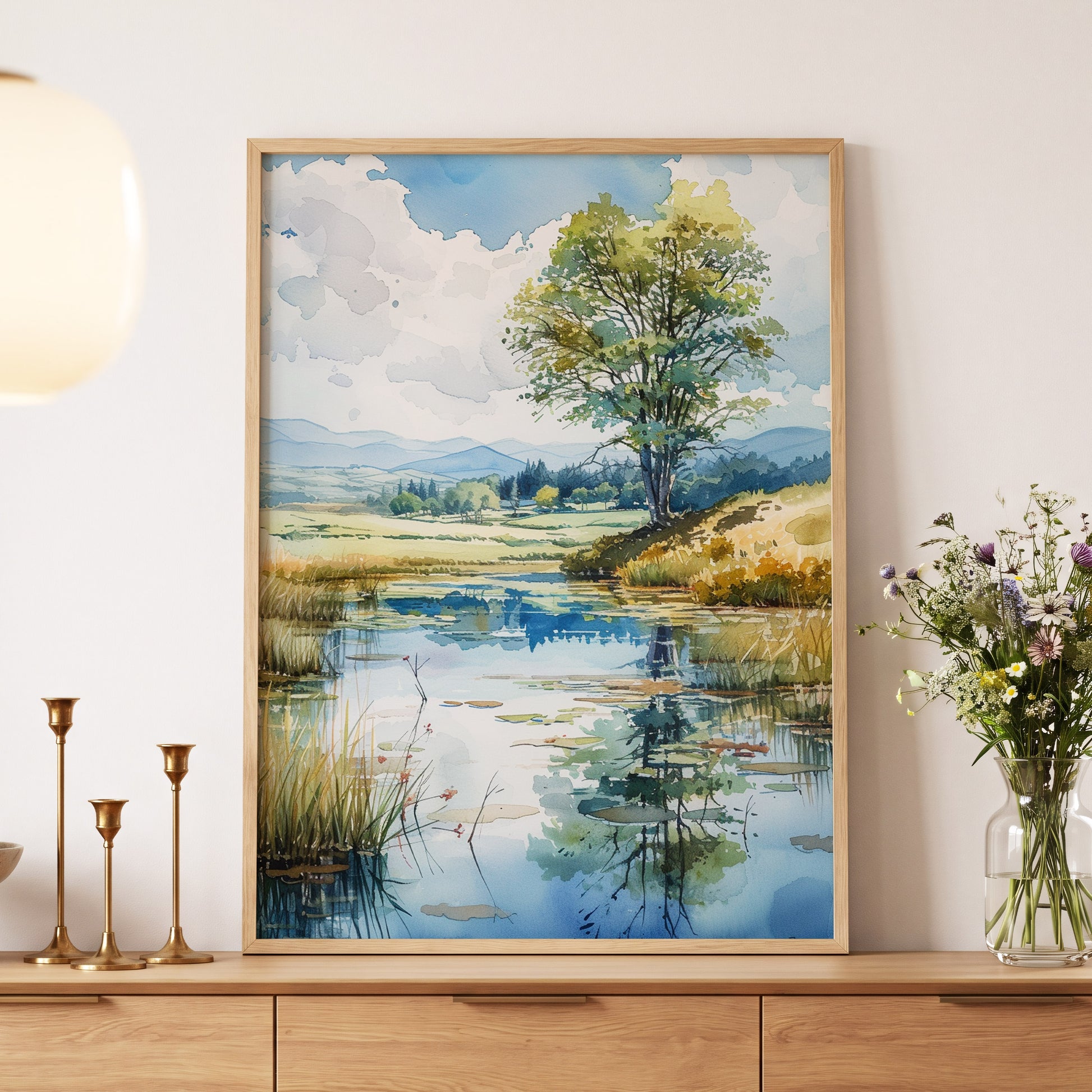 Still Waters, Open Skies, blue, green, beige nature wall art displayed in a styled interior, gallery view 5