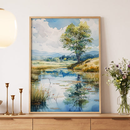 Still Waters, Open Skies, blue, green, beige nature wall art displayed in a styled interior, gallery view 5