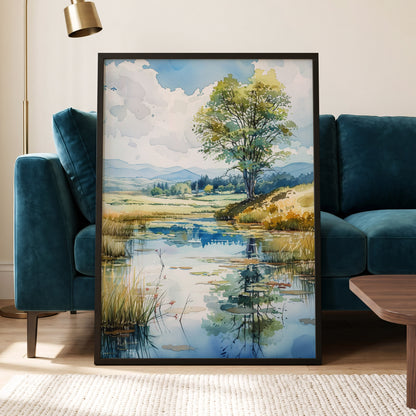 Still Waters, Open Skies, blue, green, beige nature wall art displayed in a styled interior, gallery view 6