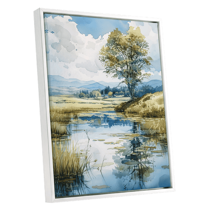 Still Waters, Open Skies, blue, green, beige nature wall art shown as a white framed canvas wall art
