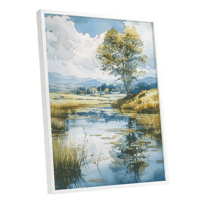 Still Waters, Open Skies, blue, green, beige nature wall art shown as a white framed poster wall art print