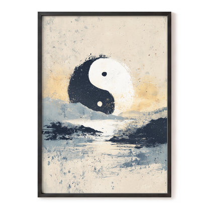 Stillness in Balance – black, white, blue minimalist wall art, front view