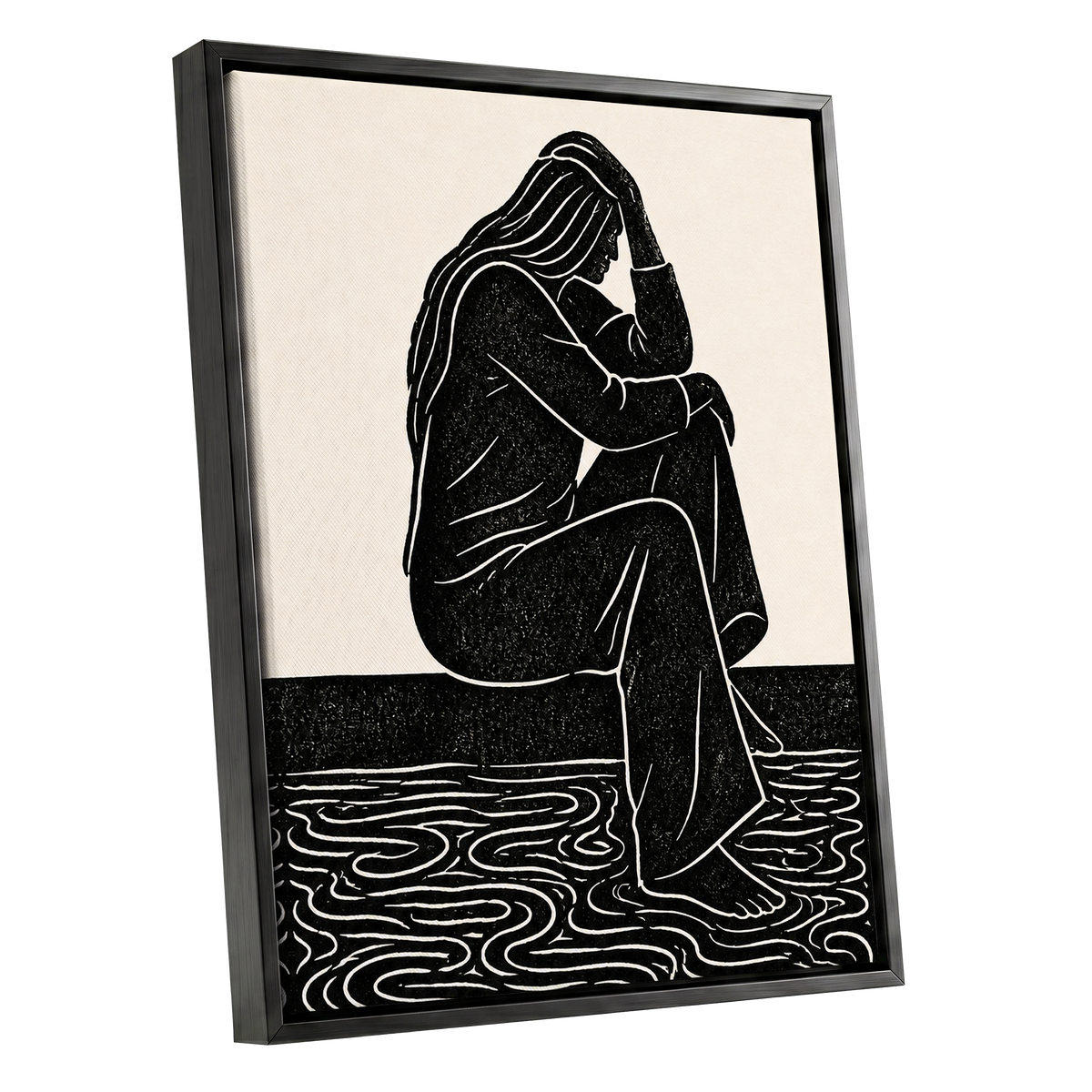 Stillness in Lines, black, beige, white minimalist wall art shown as a black framed canvas wall art