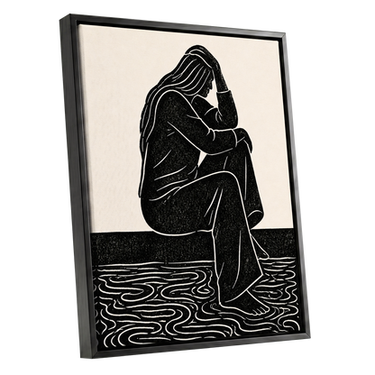 Stillness in Lines, black, beige, white minimalist wall art shown as a black framed canvas wall art