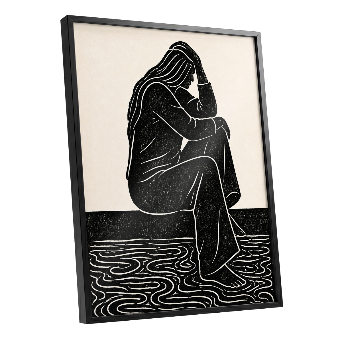 Stillness in Lines, black, beige, white minimalist wall art shown as a black framed poster wall art print