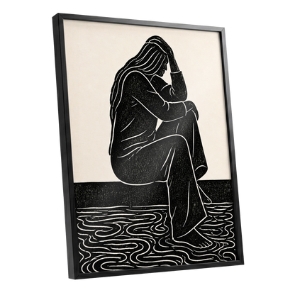 Stillness in Lines, black, beige, white minimalist wall art shown as a black framed poster wall art print