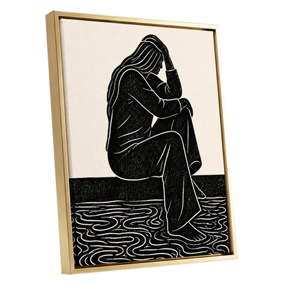 Stillness in Lines, black, beige, white minimalist wall art shown as a gold framed canvas wall art