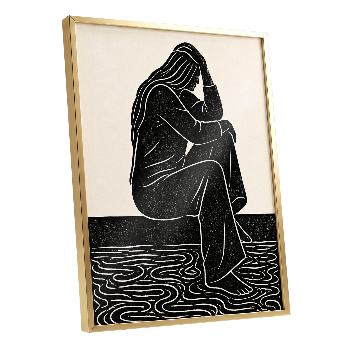 Stillness in Lines, black, beige, white minimalist wall art shown as a gold framed poster wall art print