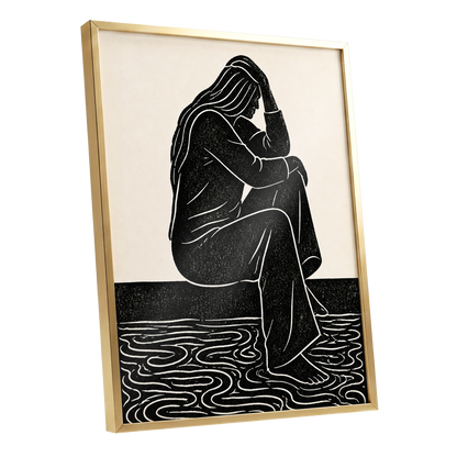Stillness in Lines, black, beige, white minimalist wall art shown as a gold framed poster wall art print