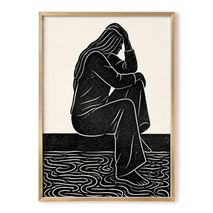 Stillness in Lines, black, beige, white minimalist wall art, front artwork view