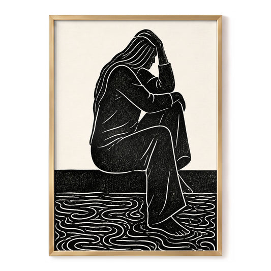 Stillness in Lines, black, beige, white minimalist wall art, front artwork view