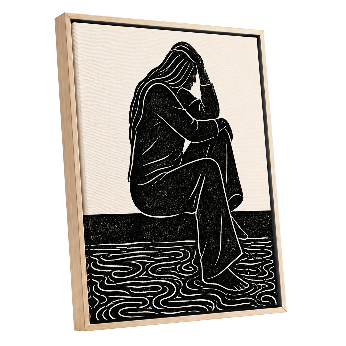Stillness in Lines, black, beige, white minimalist wall art shown as a oak framed canvas wall art