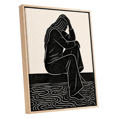 Stillness in Lines, black, beige, white minimalist wall art shown as a oak framed canvas wall art