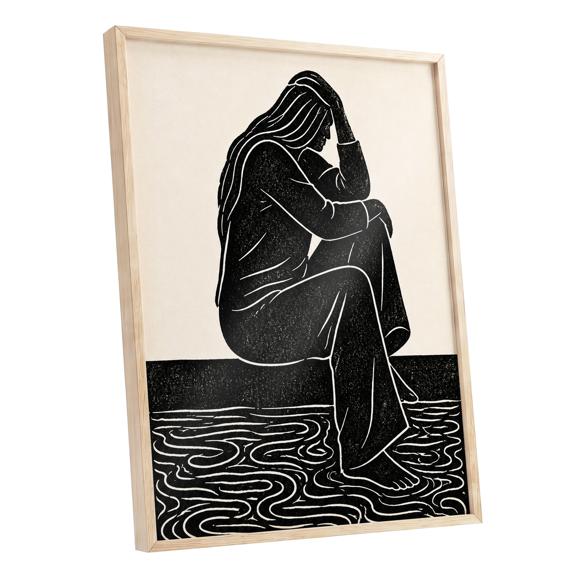 Stillness in Lines, black, beige, white minimalist wall art shown as a oak framed poster wall art print