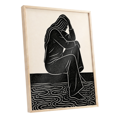 Stillness in Lines, black, beige, white minimalist wall art shown as a oak framed poster wall art print
