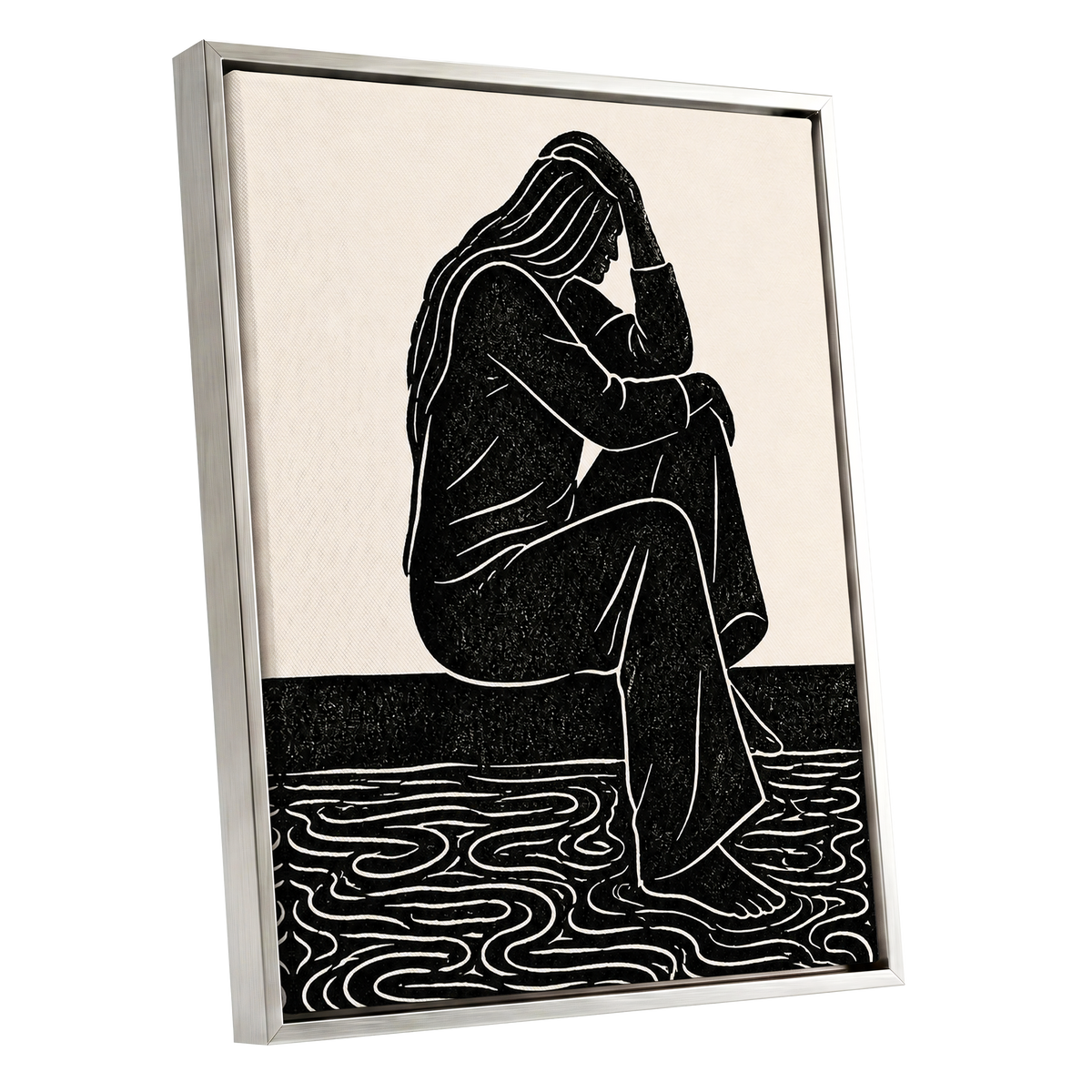 Stillness in Lines, black, beige, white minimalist wall art shown as a silver framed canvas wall art