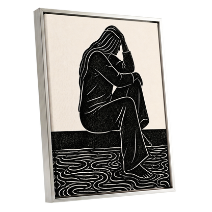 Stillness in Lines, black, beige, white minimalist wall art shown as a silver framed canvas wall art
