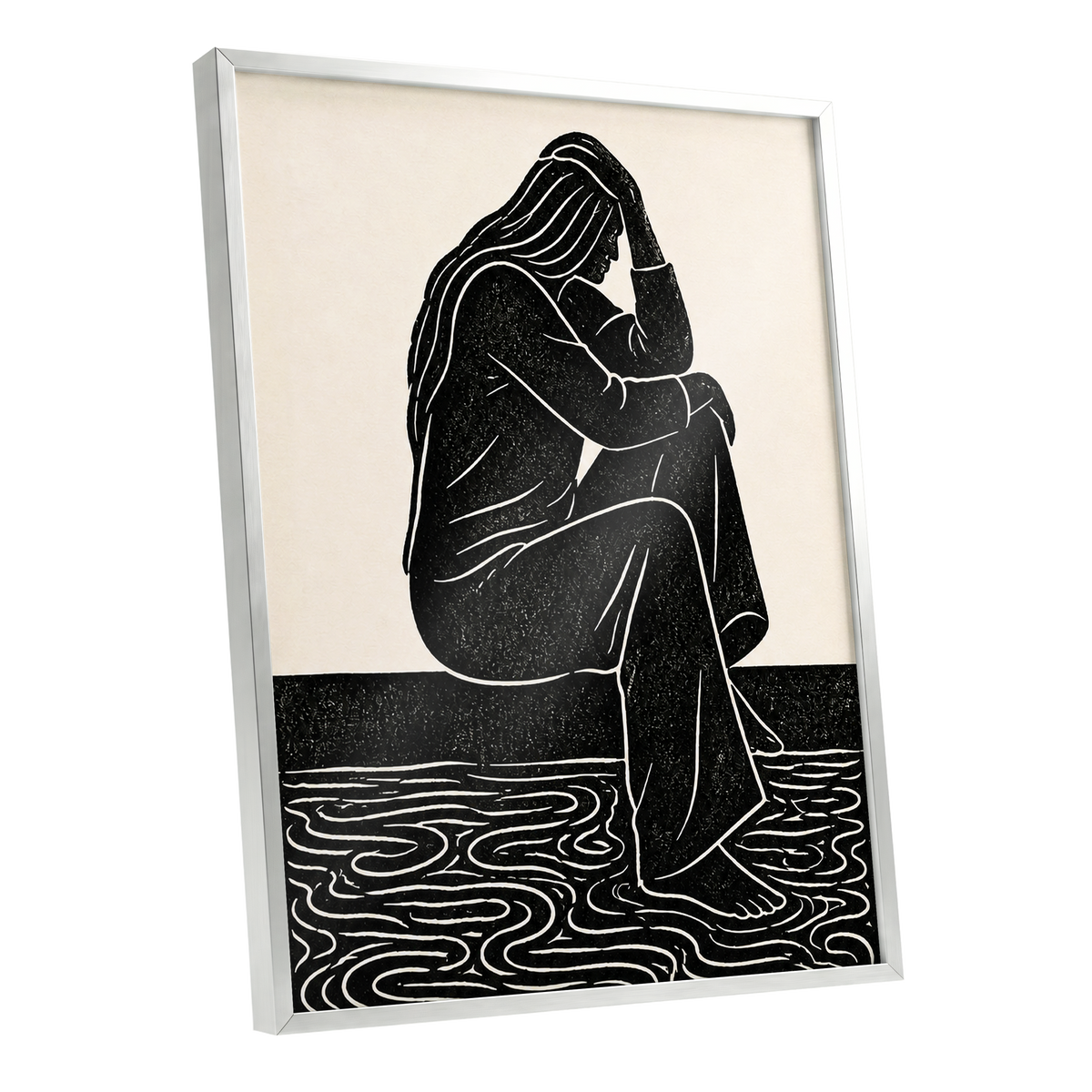 Stillness in Lines, black, beige, white minimalist wall art shown as a silver framed poster wall art print