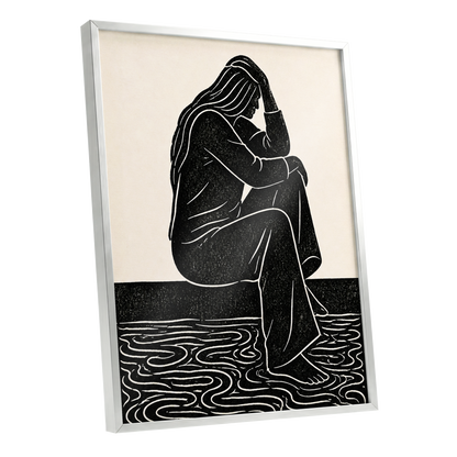 Stillness in Lines, black, beige, white minimalist wall art shown as a silver framed poster wall art print