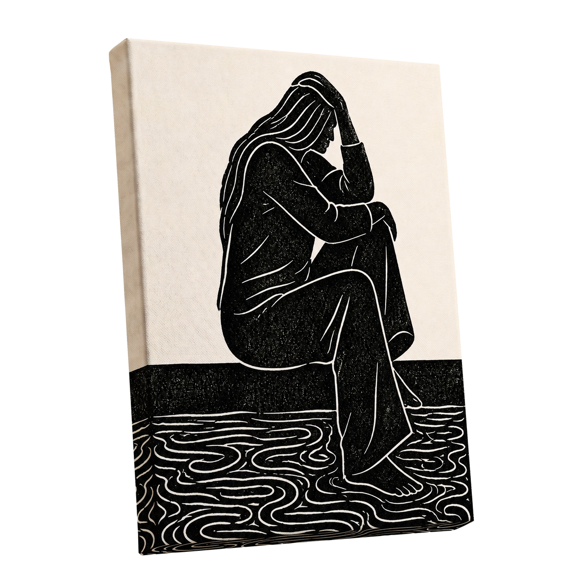 Stillness in Lines, black, beige, white minimalist wall art shown as a stretched canvas wall art