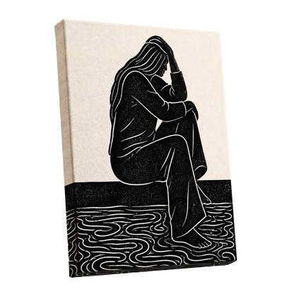 Stillness in Lines, black, beige, white minimalist wall art shown as a stretched canvas wall art