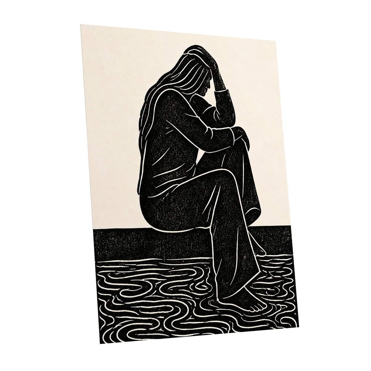 Stillness in Lines, black, beige, white minimalist wall art shown as a unframed poster wall art print