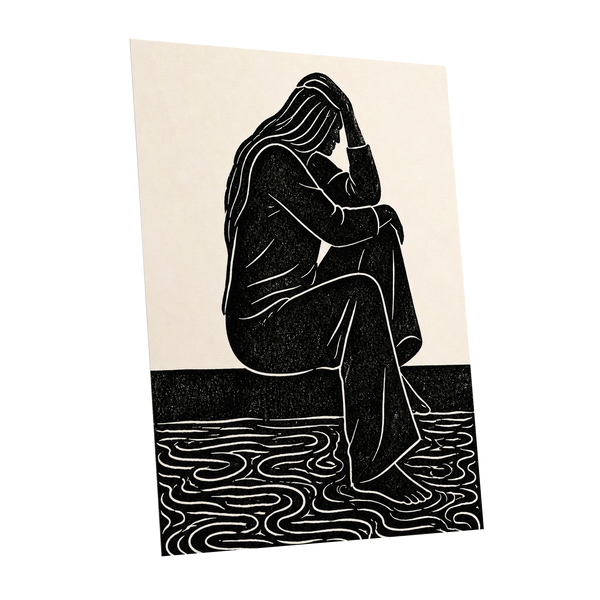 Stillness in Lines, black, beige, white minimalist wall art shown as a unframed poster wall art print