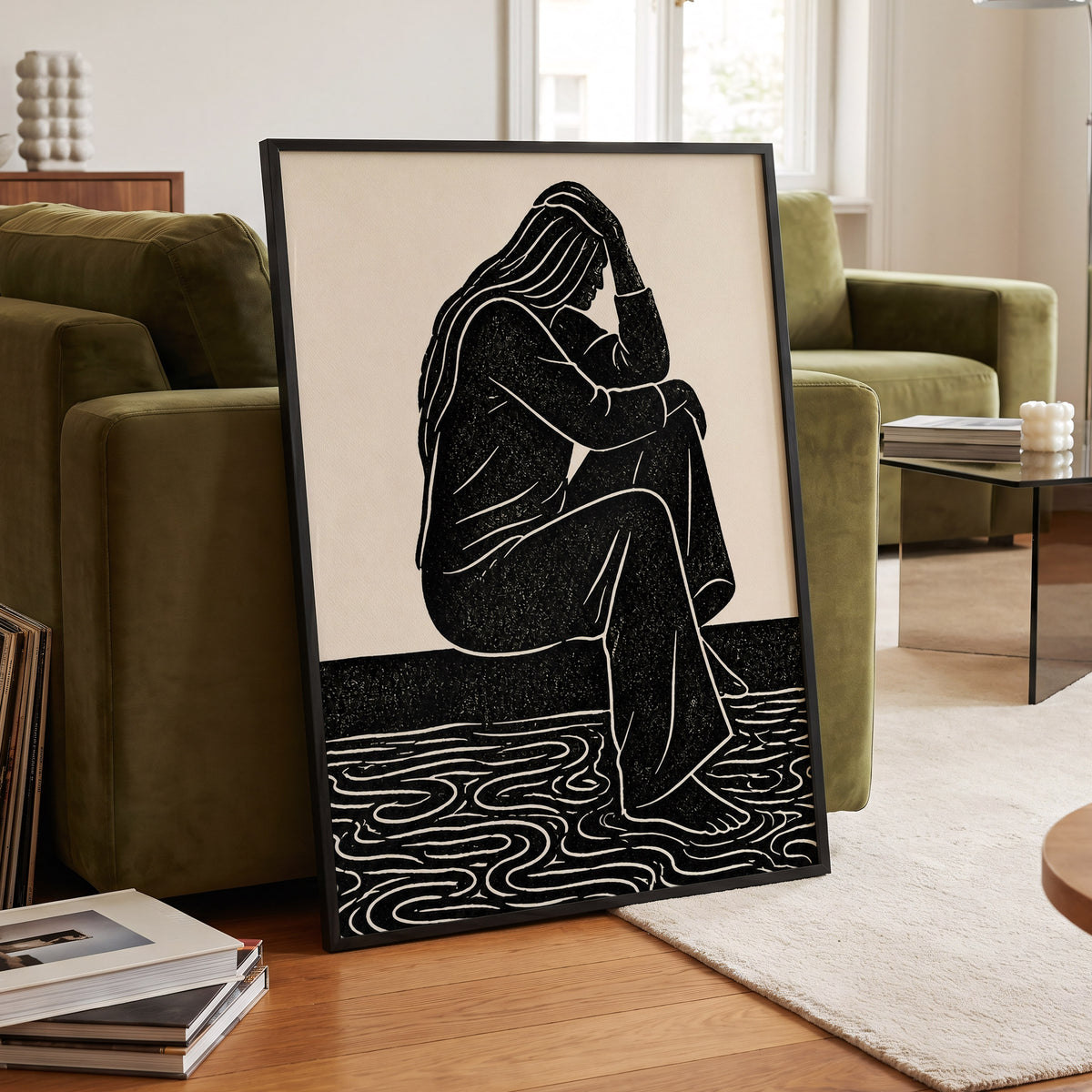 Stillness in Lines, black, beige, white minimalist wall art displayed in a styled interior, gallery view 2