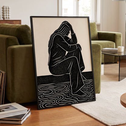 Stillness in Lines, black, beige, white minimalist wall art displayed in a styled interior, gallery view 2