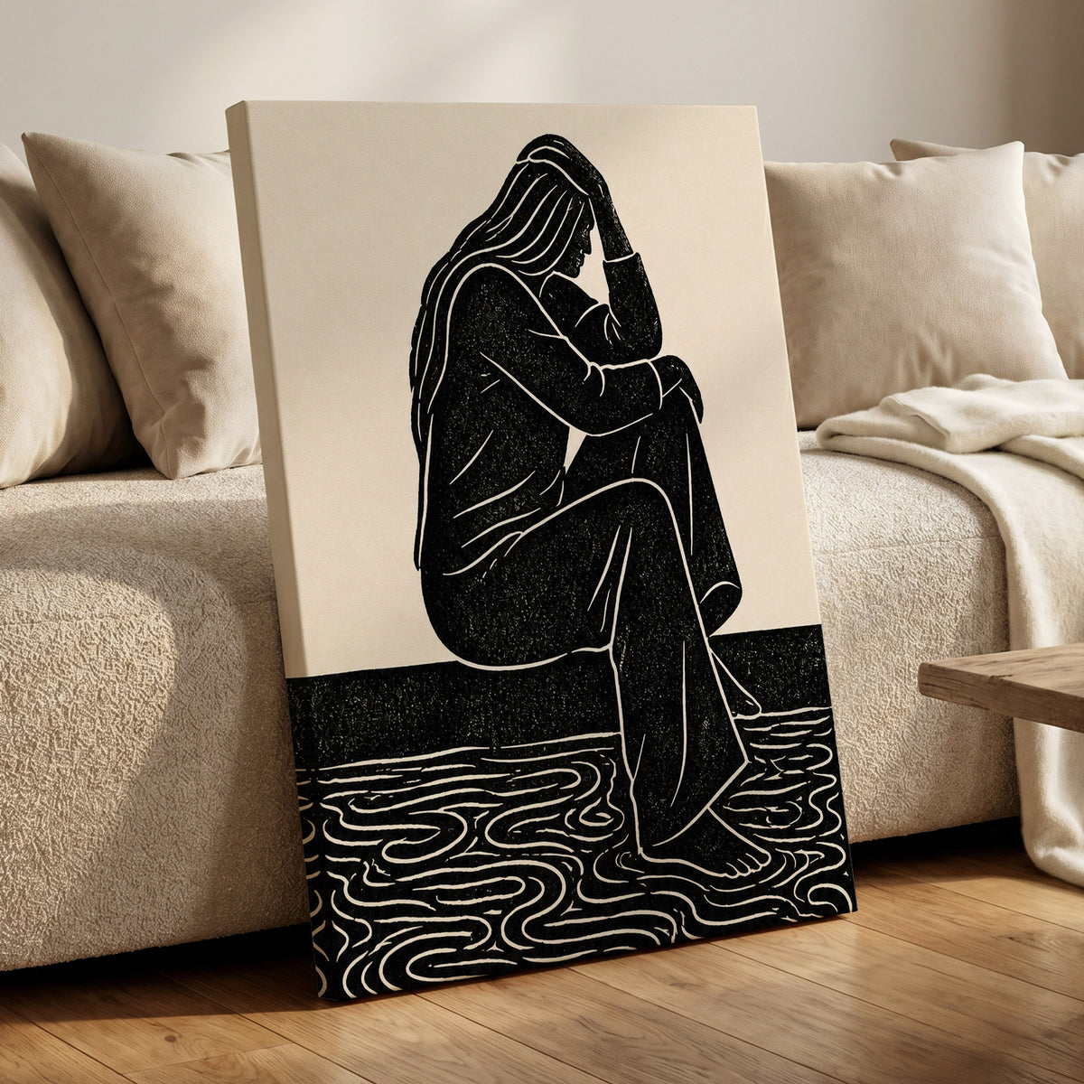 Stillness in Lines, black, beige, white minimalist wall art displayed in a styled interior, gallery view 3