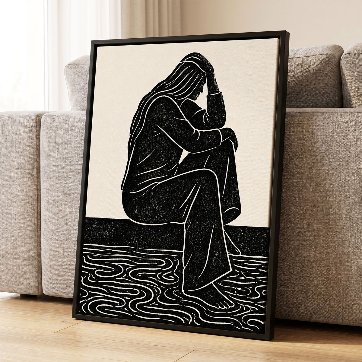 Stillness in Lines, black, beige, white minimalist wall art displayed in a styled interior, gallery view 4
