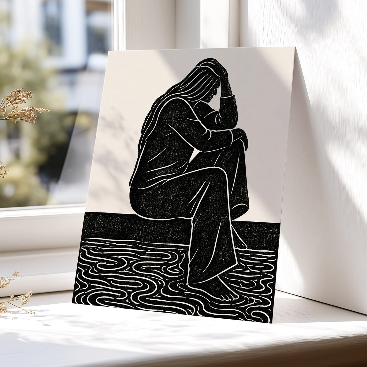 Stillness in Lines, black, beige, white minimalist wall art displayed in a styled interior, gallery view 5