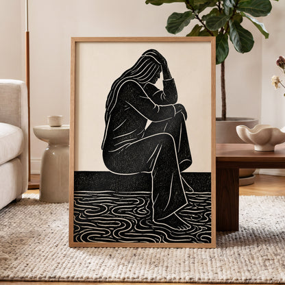 Stillness in Lines, black, beige, white minimalist wall art displayed in a styled interior, gallery view 6