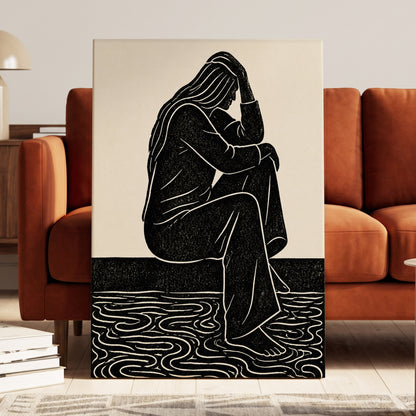 Stillness in Lines, black, beige, white minimalist wall art displayed in a styled interior, gallery view 7