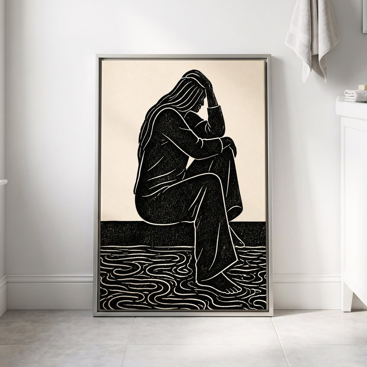 Stillness in Lines, black, beige, white minimalist wall art displayed in a styled interior, gallery view 8