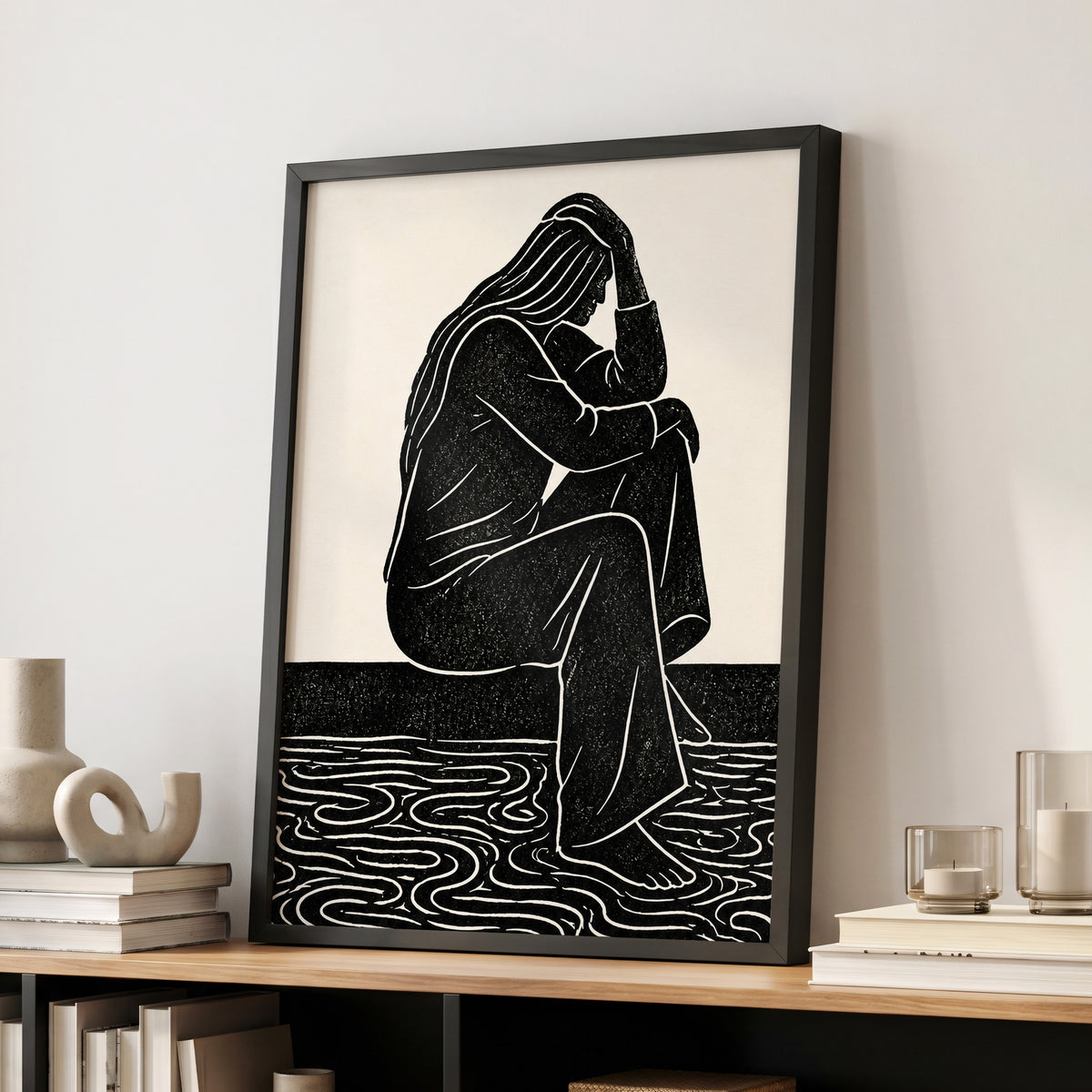 Stillness in Lines, black, beige, white minimalist wall art displayed in a styled interior, gallery view 9