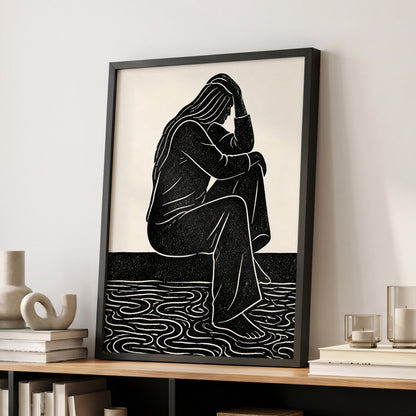 Stillness in Lines, black, beige, white minimalist wall art displayed in a styled interior, gallery view 9