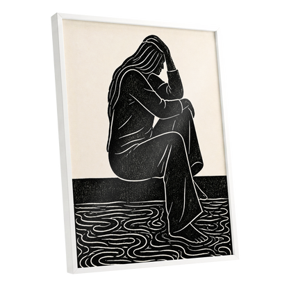 Stillness in Lines, black, beige, white minimalist wall art shown as a white framed poster wall art print