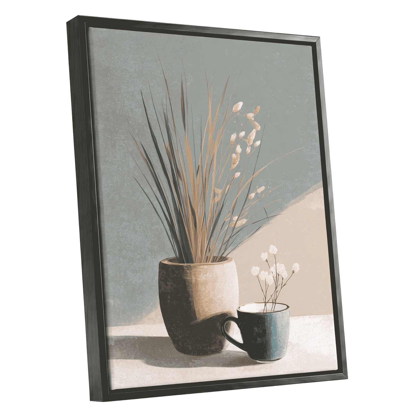 Stillness in Sage, gray, beige, green floral wall art shown as a black framed canvas wall art