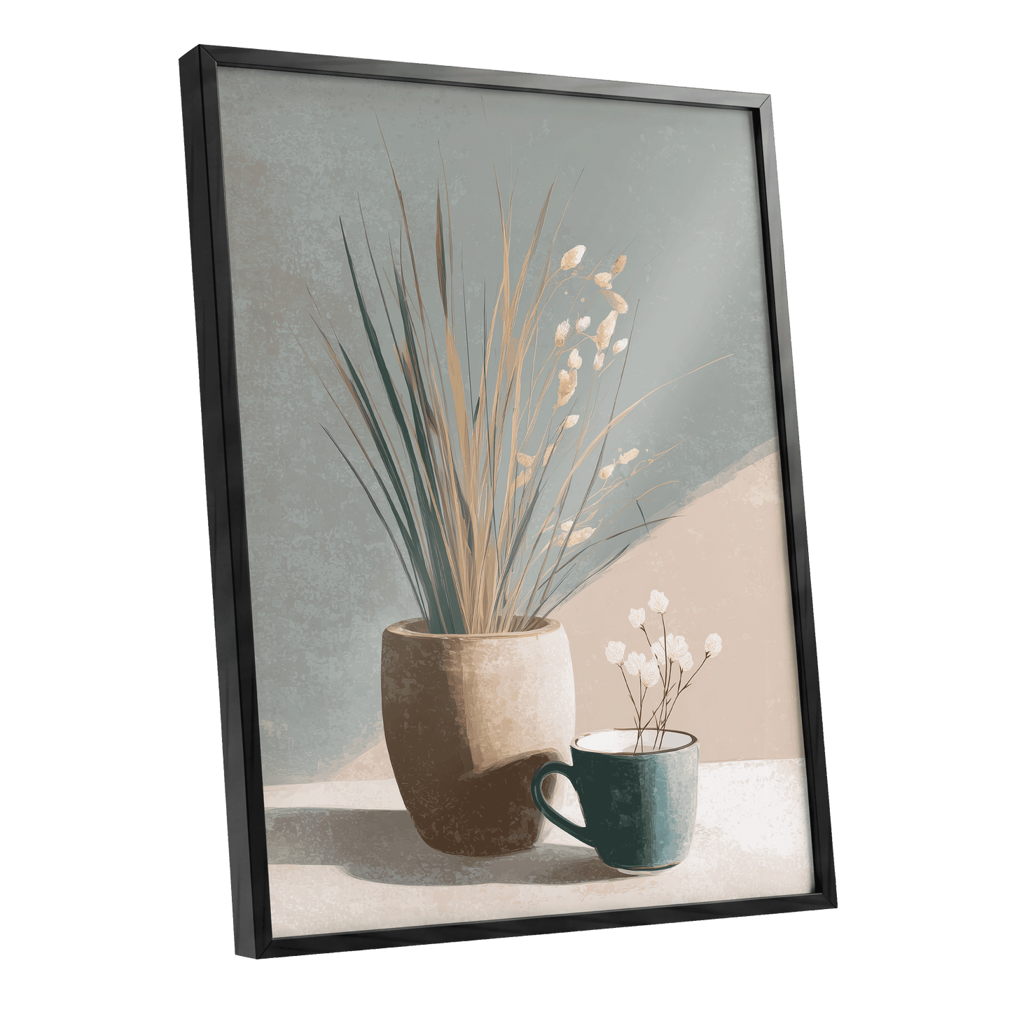 Stillness in Sage, gray, beige, green floral wall art shown as a black framed poster wall art print