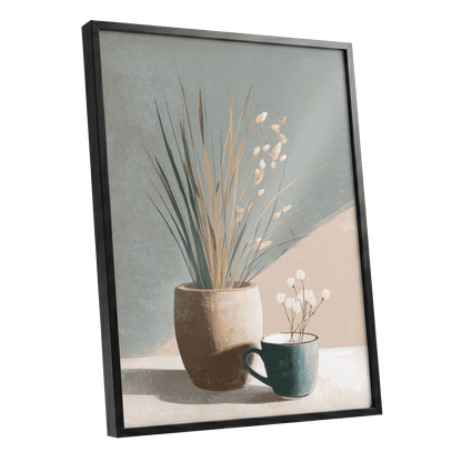 Stillness in Sage, gray, beige, green floral wall art shown as a black framed poster wall art print