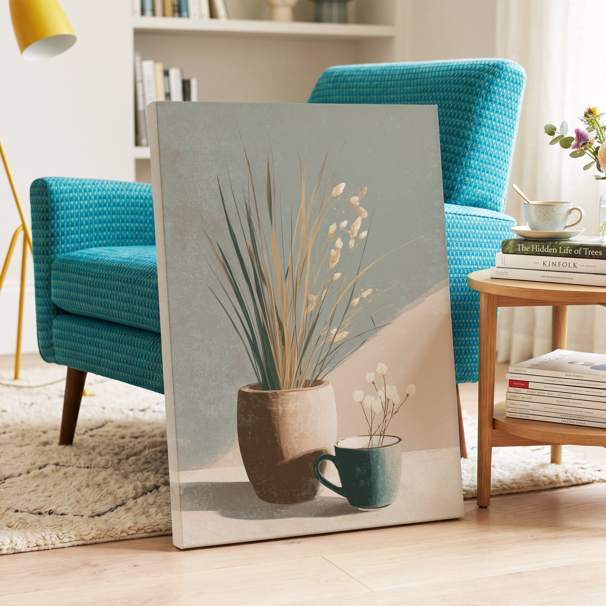 Stillness in Sage, gray, beige, green floral wall art on canvas displayed in a styled interior, gallery view 2