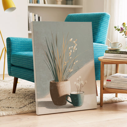 Stillness in Sage, gray, beige, green floral wall art on canvas displayed in a styled interior, gallery view 2