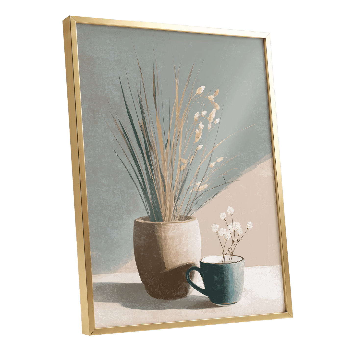 Stillness in Sage, gray, beige, green floral wall art shown as a gold framed poster wall art print