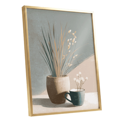 Stillness in Sage, gray, beige, green floral wall art shown as a gold framed poster wall art print