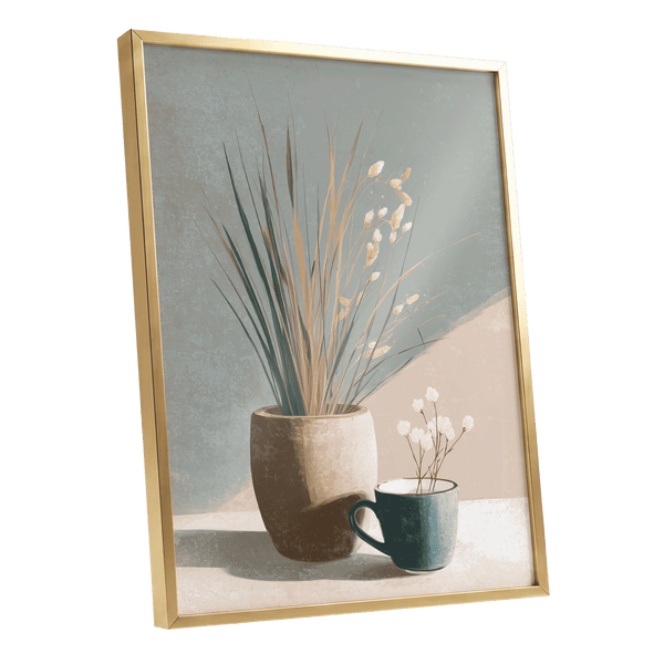 Stillness in Sage, gray, beige, green floral wall art shown as a gold framed poster wall art print