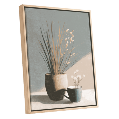 Stillness in Sage, gray, beige, green floral wall art shown as a oak framed canvas wall art