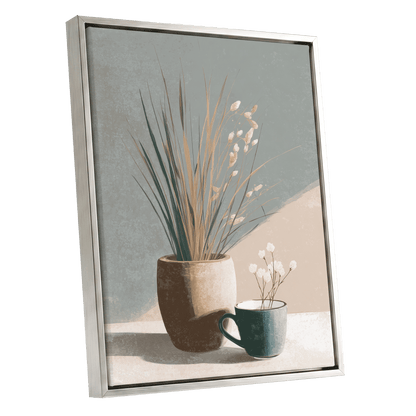 Stillness in Sage, gray, beige, green floral wall art shown as a silver framed canvas wall art